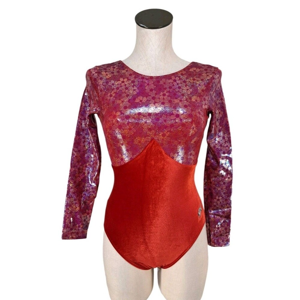 GK Elite VTG Red Velvet Floral Holographic LS Keyhole Leotard Size AM Adult M - Picture 4 of 16